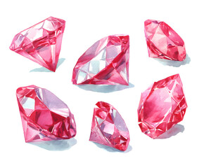 Watercolor Pink Diamonds Illustration - Gemstones Isolated on White Background