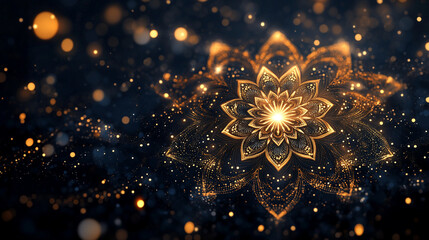 Radiant golden mandala graces a deep, shadowed canvas, its ornate petals glowing softly amidst shimmering bokeh lights, evoking elegance and serene mystique.