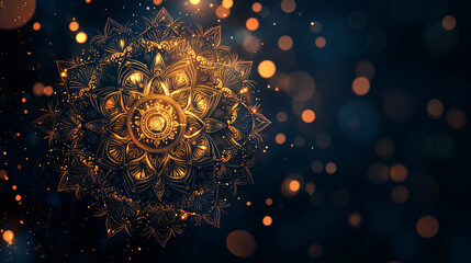 Radiant golden mandala graces a deep, shadowed canvas, its ornate petals glowing softly amidst shimmering bokeh lights, evoking elegance and serene mystique.