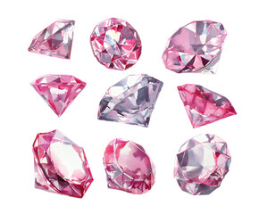 Watercolor Pink Diamonds Collection: Elegant Gemstones for Jewelry Design and Luxury Branding (Hand-Painted, Isolated on White)