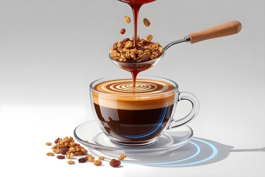 Holographic coffee art with light-beam foam, eye-level, dark background, eye-level view hologram lighting brown/blue theme Holographic foam