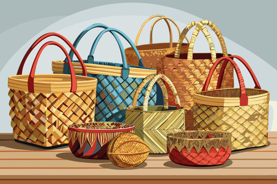vector of Bags woven with kenaf thread for shopping on a shop table on a light background.