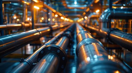 An intricate network of gleaming industrial pipes illuminated by ambient lighting inside a sophisticated facility, symbolizing the complexity and scale of modern industrial environments.