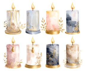 Watercolor Candles Collection with Golden Accents