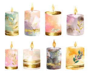 Watercolor Candles Set with Gold Accents - Elegant Home Decor, Holiday Decorations, Festive Lighting, and Spiritual Ambiance