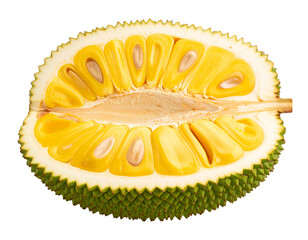 Fototapeta premium “Half-Cut Jackfruit with Exposed Yellow Flesh and Seeds, Isolated PNG”.