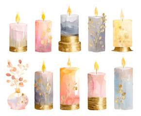 Watercolor Candles with Gold Accents and Vase Illustration, Elegant Home Decor, Bohemian Style, Isolated on White Background