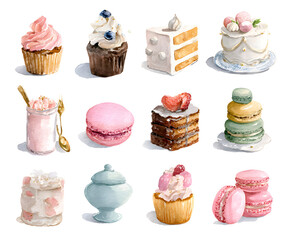 Watercolor Sweets Collection: Cupcakes, Macarons, Cake Illustration