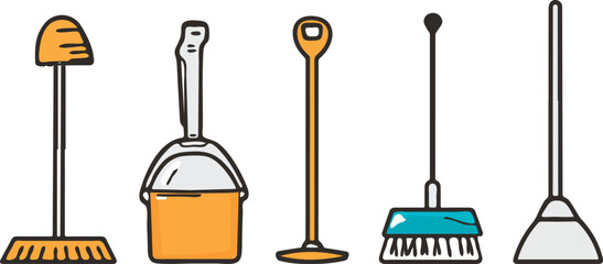 Cleaning tools vector set dustpan broom bucket and mop isolated on white background ideal for cleaning service and housekeeping concepts