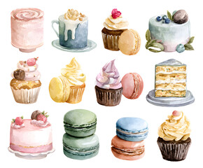 Watercolor Cakes and Macarons Illustration