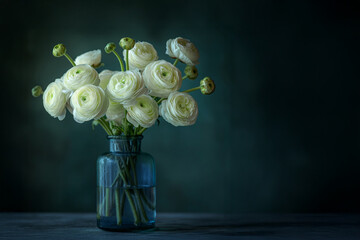 Bouquet of white ranunculus on a pastel green background.