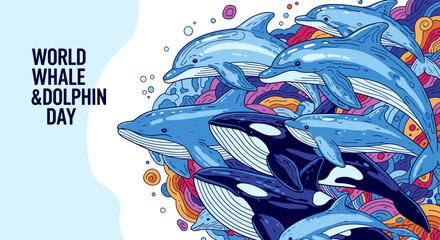 Wide vector illustration of dolphins and orca whales for World Whale Day  