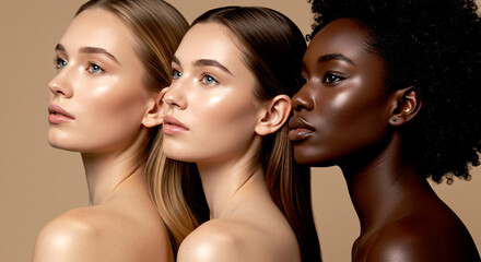 Beauty portrait of three diverse women with elegant expressions leaning left with flawless complexions