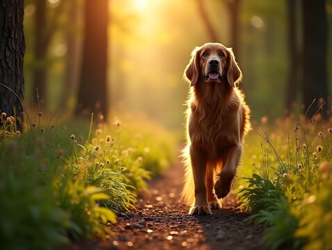 Majestic irish setter in sunlit forest path, perfect for nature and adventure themes