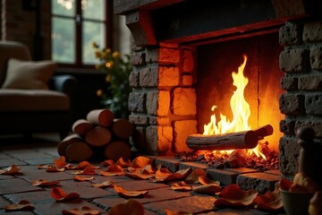 Rustic fireplace, golden leaves swirl, warm glow , orange, crackling, blanket