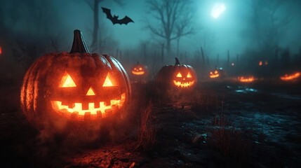 Naklejka premium Three Glowing Halloween Pumpkins in the Dark