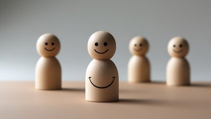 Happy wooden figure stands out among others