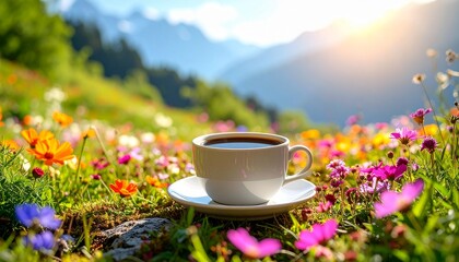 A steaming hot cup of coffee placed on a grassy path in the middle of a colorful wildflower meadow, fantasy garden style, morning serenity