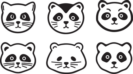 Obraz premium Set of Cute Animal Faces Cat Raccoon and Panda Bear Vector Illustrations Ideal for Childrens Books Logos and Apparel Design
