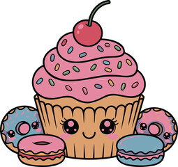 Cute kawaii dessert illustration featuring cupcake donuts and macarons with smiling faces