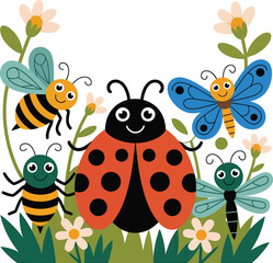 Cute insects and flowers illustration featuring bee butterfly ladybug dragonfly in a garden