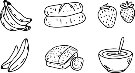 Hand Drawn Doodle Breakfast Food Icon Set with Bananas Bread Strawberries and Oatmeal Vector Illustration Isolated on White Background for Menu Cafe Restaurant Recipe Book Design and More