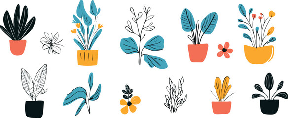 Obraz premium Set of Trendy Hand-Drawn Potted Plants and Flowers Vector Illustration for Home Decor Garden Design Botanical Prints and Nature-Inspired Projects