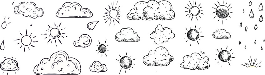 Hand-drawn weather icons set with sun clouds rain and sunshine vector illustration isolated on white background for weather forecast meteorology and climate change concepts
