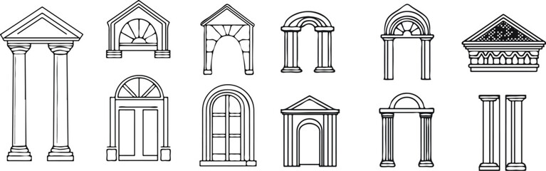 Set of Antique Architectural Elements Columns Arches and Doors Hand Drawn Vector Illustration Isolated on White Background for History Architecture and Design Projects