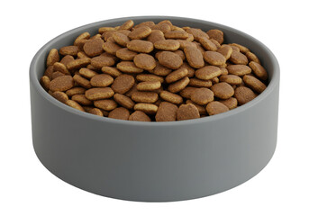 A large bowl filled with dry pet food, set against a clean, neutral background