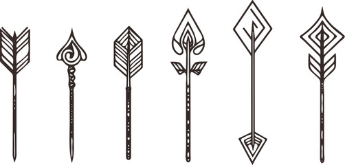 Set of six hand drawn decorative arrows vector illustration isolated on white background concept for print web design banner poster sticker card and textile design