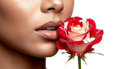 Womans face with perfect skin is close to a beautiful red and white rose in a soft lit beauty portrait