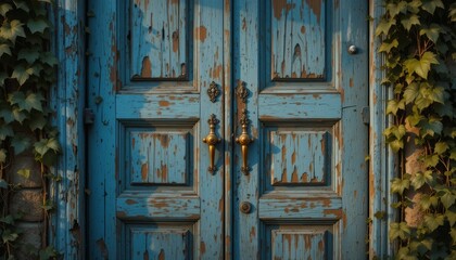An ancient wooden door with peeling blue paint, ornate brass handles, scratched cracks, ivy growing around it, sunlight in the golden hour