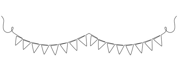 Continuous line art drawing buntings garland. Birthday and jubilee party decoration in simple linear style. Festoon for celebrate carnival and festivals.