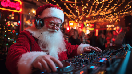 Obraz premium Christmas party with Santa Claus DJing in a festive nightclub, wearing headphones and spinning music on a colorful illuminated soundboard. Fun and modern holiday celebration.