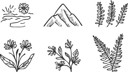 Hand Drawn Nature Elements Set with Mountain, Flower, Fern, and River Landscape Vector Illustration for Logo, Branding, Tattoo Design, and other Print Design Projects © Hoody Baba