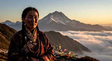 Photorealistic portrait of a Sherpa mystic woman on a misty Himalayan ridge at dawn with prayer flags
