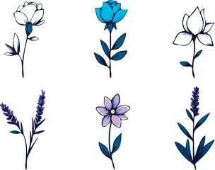Set of six hand drawn flowers roses lavender and daisy vector illustration isolated on white background concept for print web design banner poster sticker card and textile design