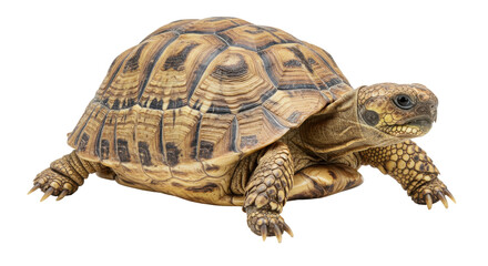 Close-up of a tortoise walking on a white background, showcasing its intricate shell patterns