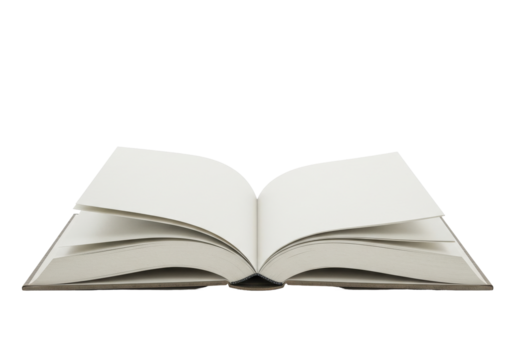 Open blank book on a white background, showcasing empty pages for creative use