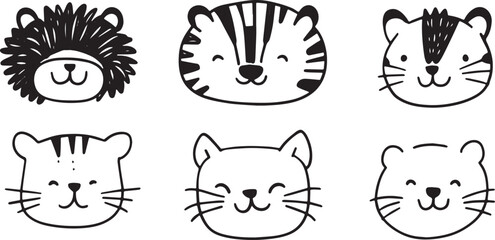 Set of six cute animal faces lion tiger and cat hand drawn vector illustration isolated on white background concept for print web design banner poster sticker card textile and childrens design