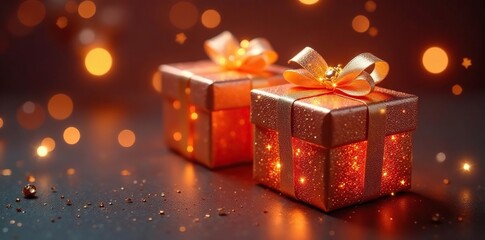 Obraz premium Shimmering gold-threaded gift boxes, magical glow , premium, package