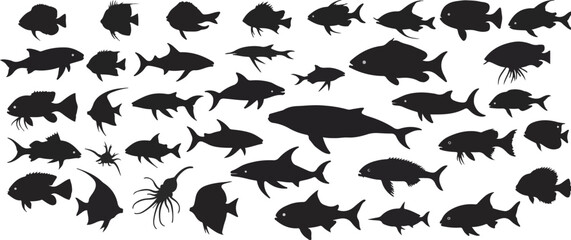 Ocean Life Silhouette Vector Set – Coral Reefs, Dolphins, Sharks, Fish, Seaweed & Seahorses for Nautical Designs