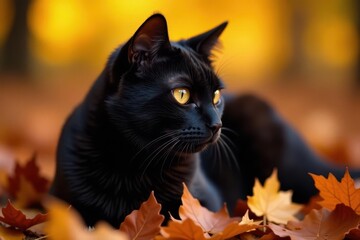 Sleek black cat, piercing gaze, vibrant fall leaves backdrop , texture, crisp, golden