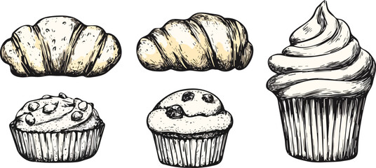 Hand-drawn vector illustration set of bakery goods including croissants, muffins, and cupcakes isolated on a white background ideal for cafe menus, recipe books, food blogs, and packaging designs