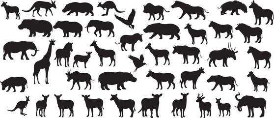 Obraz premium wild animal silhouette vectors containing black icons of a lion, elephant, eagle, kangaroo, zebra, horse, tiger, goat, deer, and wolf.