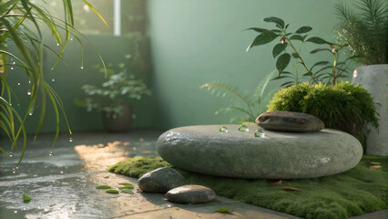 Green Product Display with Morning Dew Look and Golden Shadows