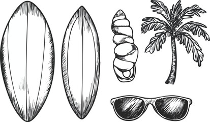 Hand Drawn Surfboards Sunglasses Seashell and Palm Tree Vector Illustration Isolated on White Background Concept for Print Web Design Banner Poster Sticker Card and Textile Design