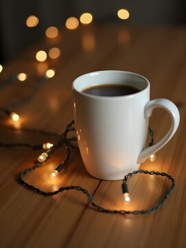 a white coffee cup sits on a wooden table with christmas lights