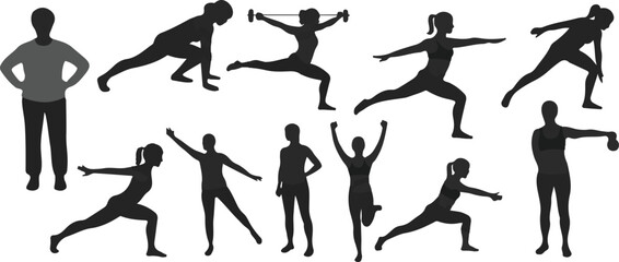 Silhouettes of Dancing and Jumping Girls in Fitness Poses